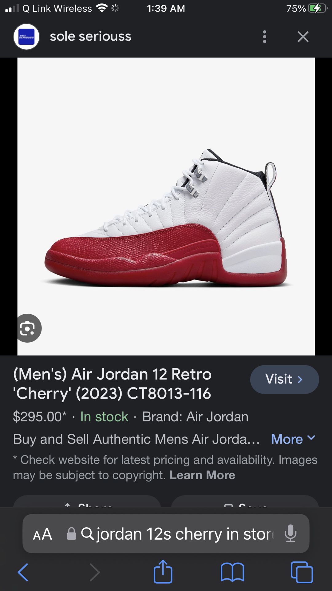 Men’s 9.5 Jordan 12s Cherry Red 