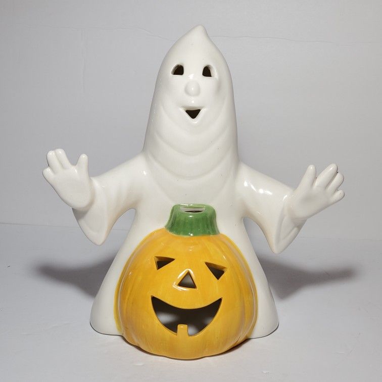 Halloween Ghost With Pumpkin Jack O’Lantern Tea Light 11"