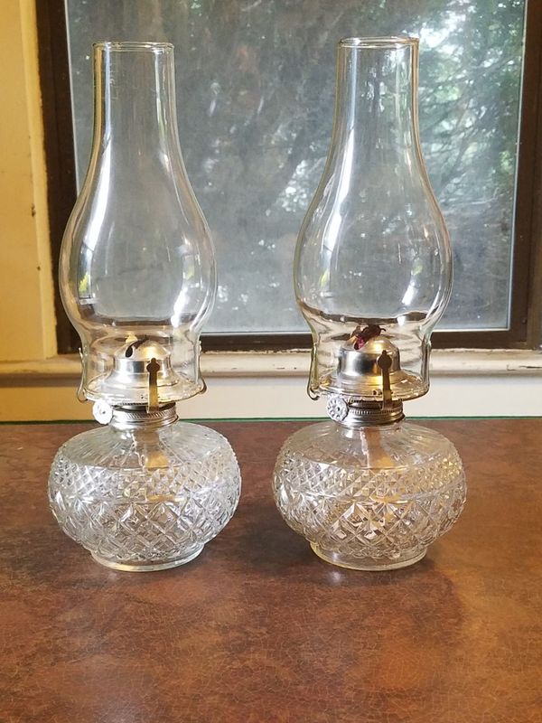 2 Vintage Lamplight Farms Diamond Point Cut Glass Hurricane Oil 2 Vintage Lamplight Farms Diamond Point Cut Glass Hurricane Oil Lamps