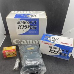 New Canon Sure Shot 105 Kit Zoom Date 35mm W/ Film, Battery, Case