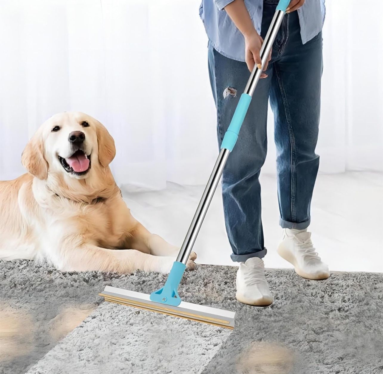 55” Adjustable Long Handle Carpet Broom for Pet Hair Removal, Light Blue Pet Hair Carpet Broom, Dog Hair Remover for Carpet, Laundry Rugs Mat Couch Fu