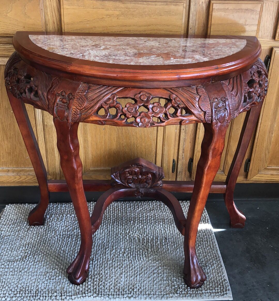 Antique Chinese Carved Wood Red Marble Entry Table $75.00