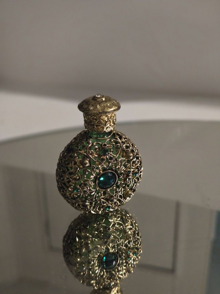 Vintage Czech Gold Filigree With Emerald Jewels Glass Perfume Bottle