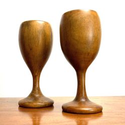 Pair Set of 2 1960’s turned wood goblets handcrafted Wood Kitchenware vintage glass drinkwear cup