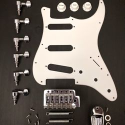 Fender Squire Strat Original Parts- Pick Guard, Tremolo, Tuners, Knobs, Jack Plate