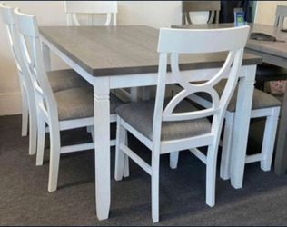✅️✅️(6 pc white & grey finish wood dining table set grey padded seat chairs and bench✅️✅️