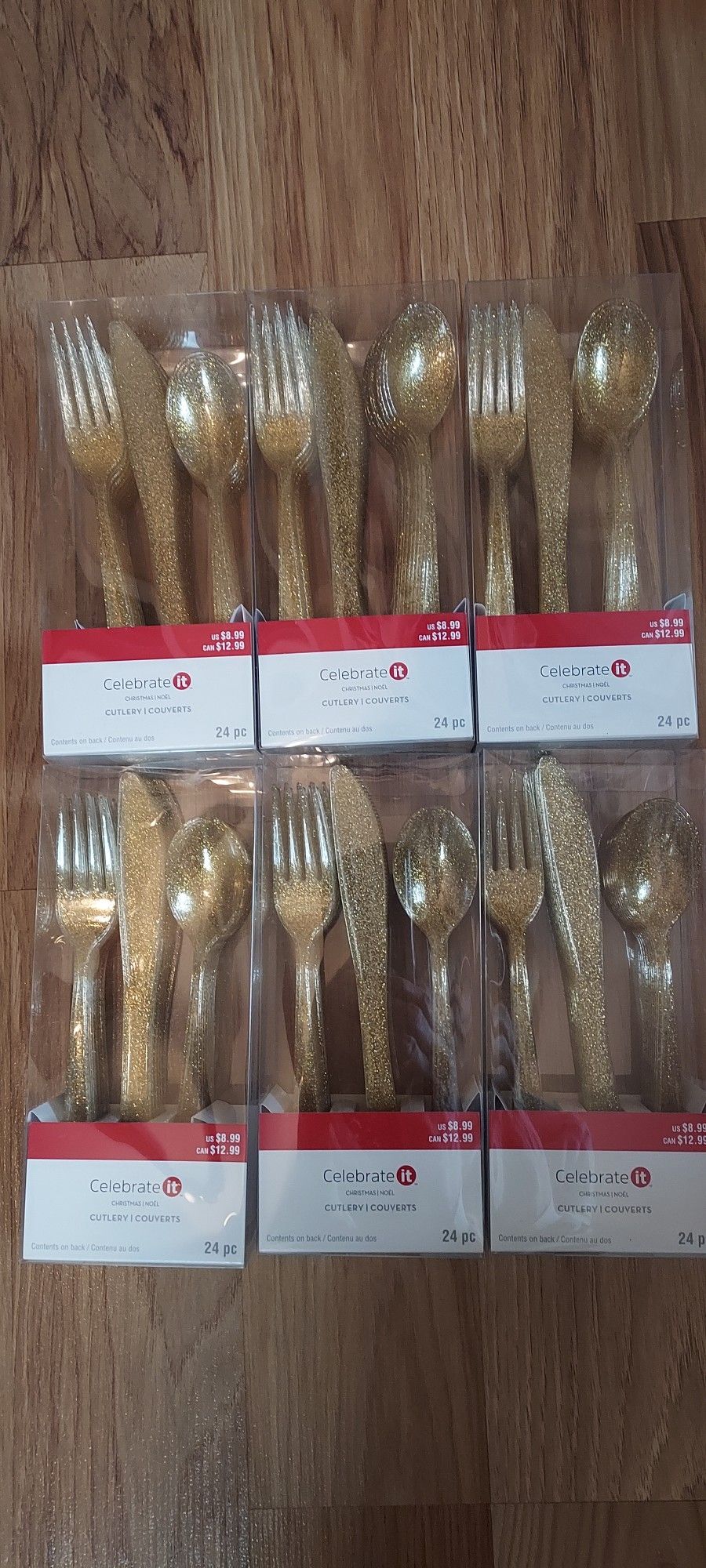 Gold Glitter Plastic Cutlery Set 24 Pieces 6 Boxes Party Wedding Shower