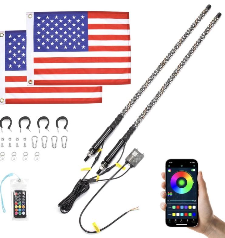 Brand New! 2pc 5ft Bluetooth Whip Lights, Turning Signal Function Compatible with Polaris RZR Can-Am Maverick X3, APP Control LED Whip Lights for Si