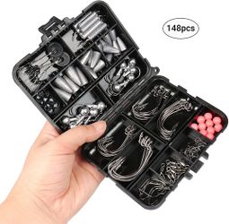 148 pcs Fishing Terminal Tackle Box - Fishing Hooks, Weights, Jig Heads, O-Rings, Barrel Swivels, Fast lock Snaps, Fishing Beads, Space Beans - Freshw
