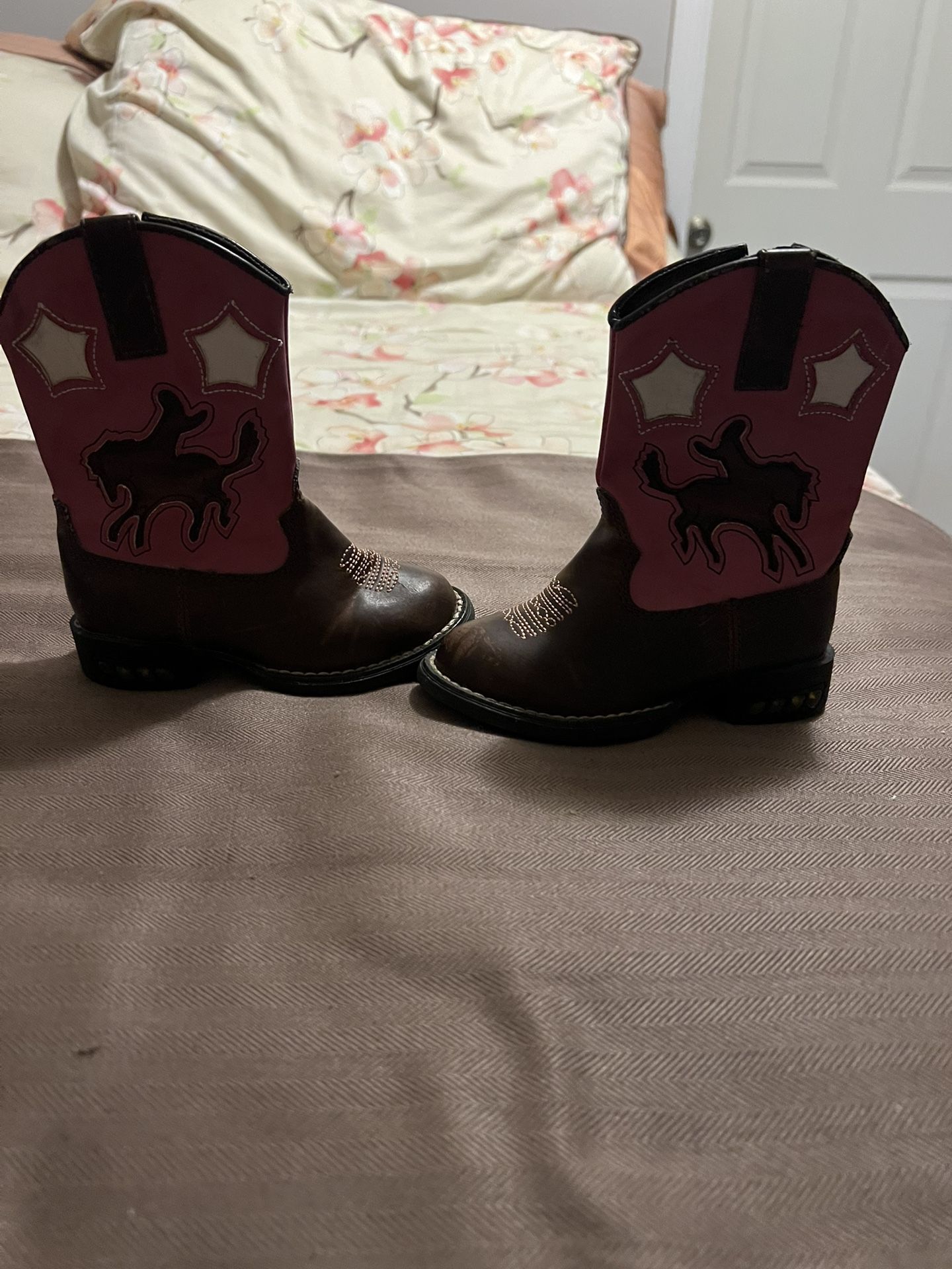 Roper Pink & Brown Cowgirl Boot, Light Up Heel, Sz 6.5
