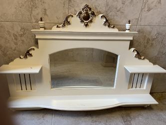 Long White Wood Wall Mirror Display Shelf with Bronze Accents