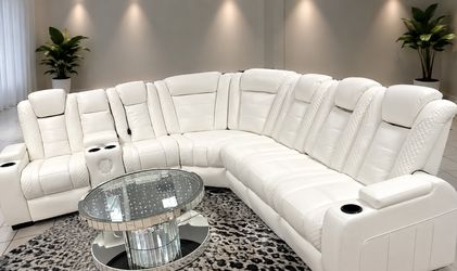 WHITE RECLINER SECTIONAL in Leather / LED LIGHTS & BLUETOOTH SPEAKERS 🔊