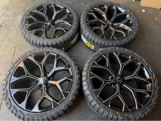 24'' Snowflake Black Milled Wheels 33'' RT Tires Yukon Sierra Silverado Ram1500
