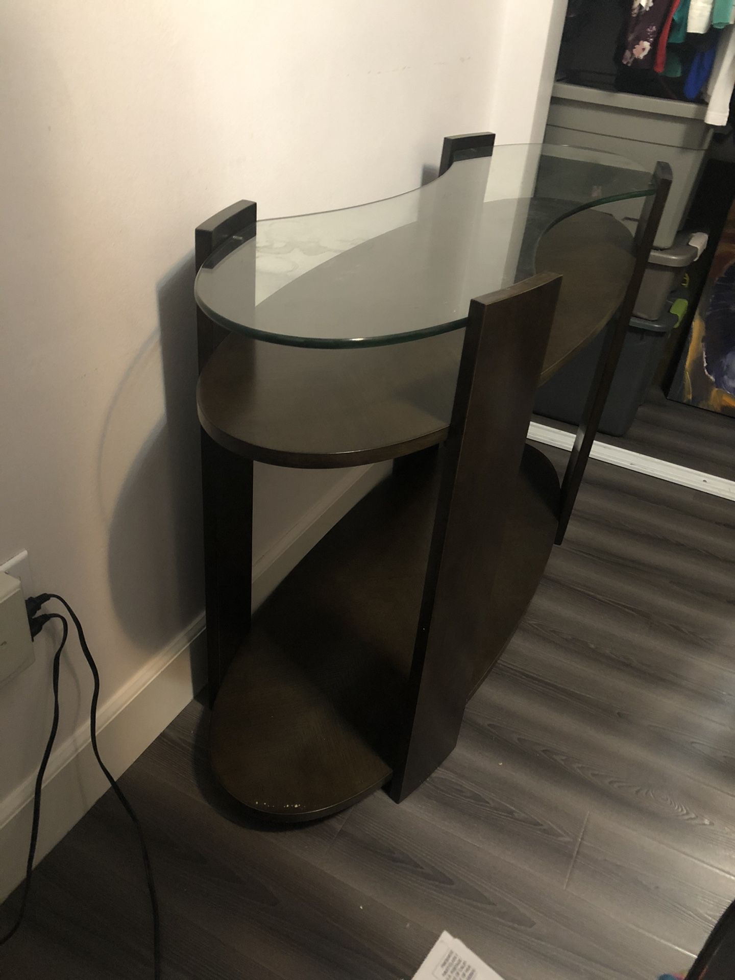 3 tier wooden console table with glass top