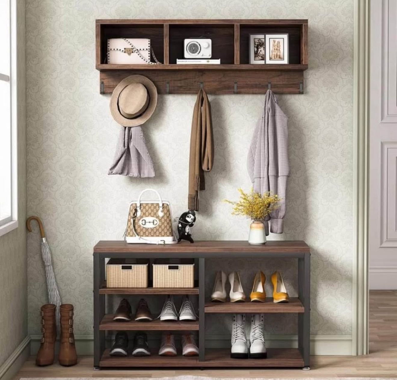Rustic Brown Entryway Coat Rack & Shoe Bench Set | 5-in-1 Storage Organize