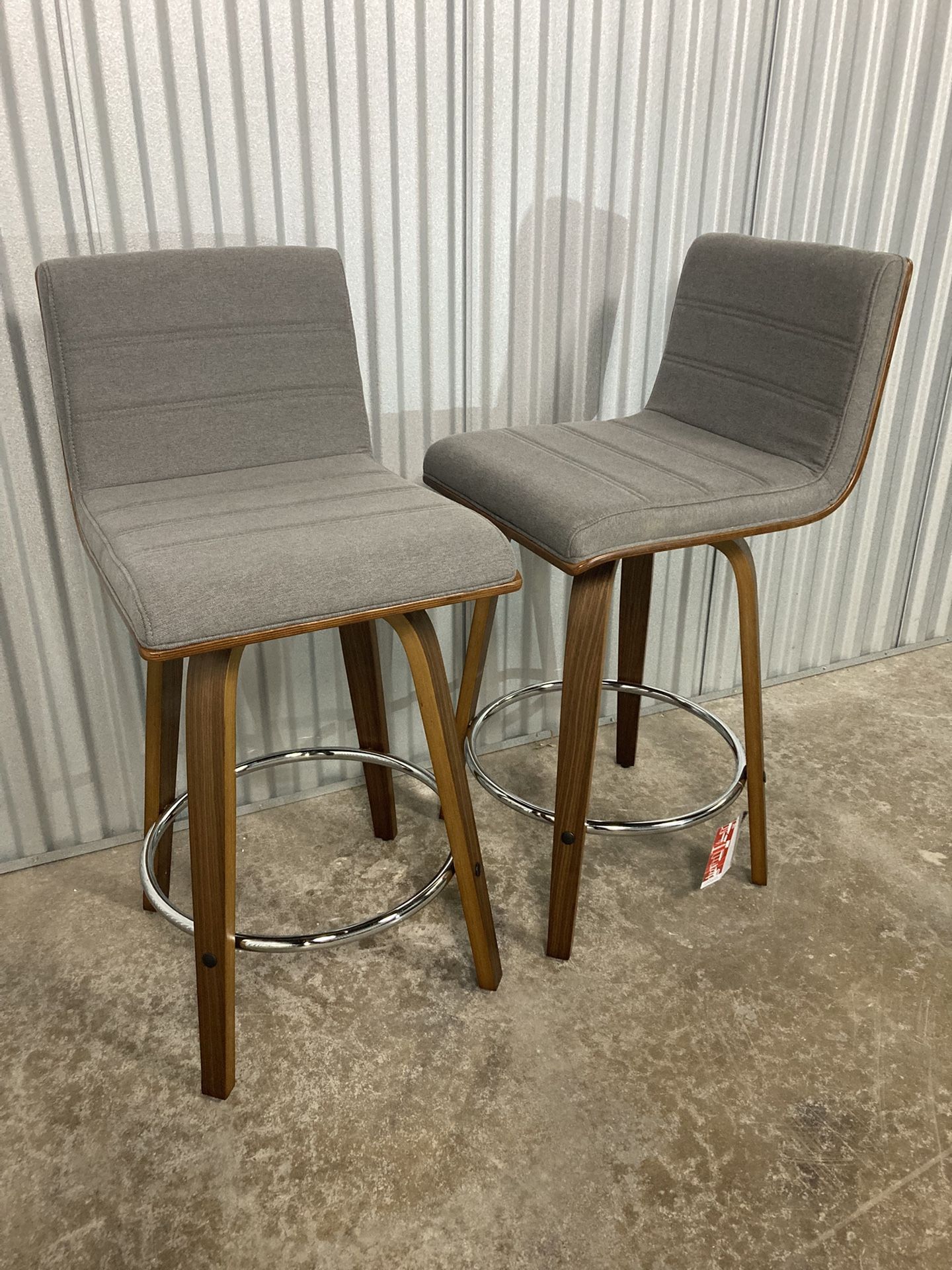 Vasari Mid-Century Stools – Set of 2 (Grey Fabric + Walnut Wood) – Available in 24”, 26”, & 30” ✨