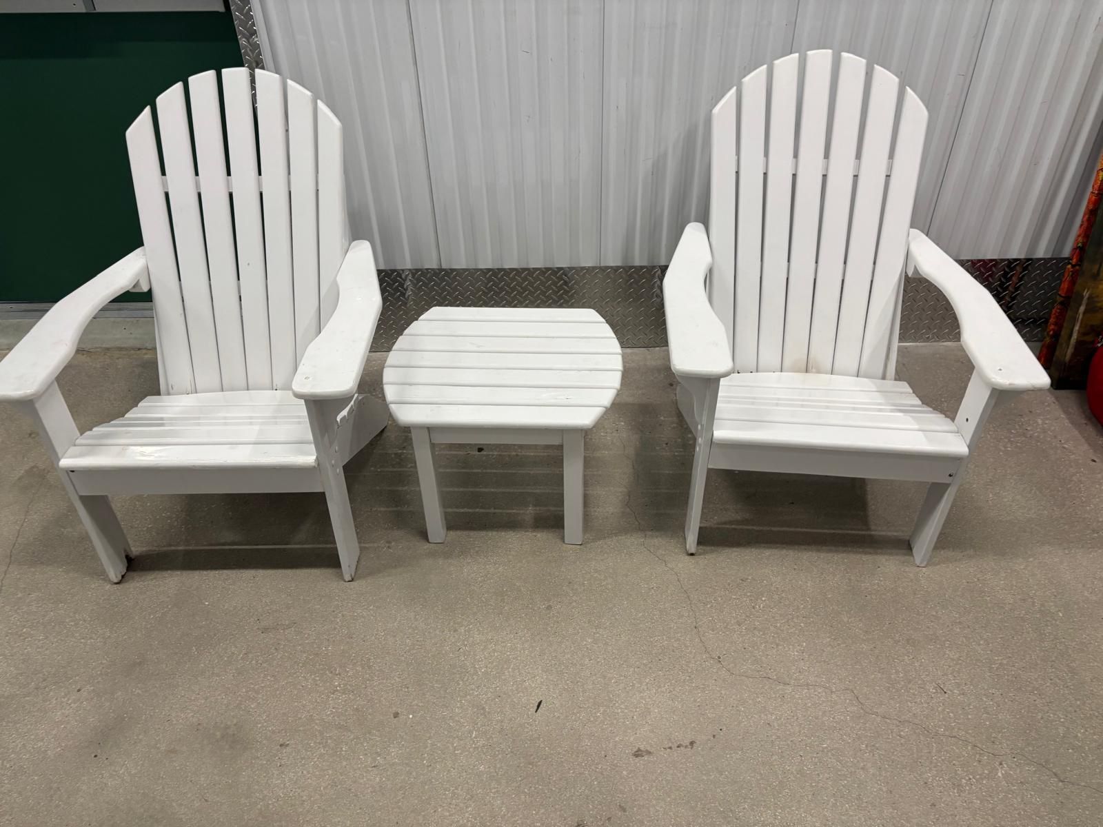Set of 2 Adirondack wood outdoor patio garden chairs & small middle table- they don’t fold down … $75