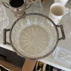 Vintage Cut Glass Bowl With Silver Round