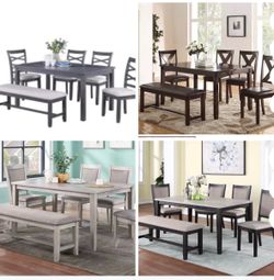 Dining table set with chairs and bench