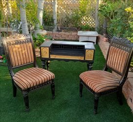 Victorian-Style Black and Gold Writing Desk with Chairs