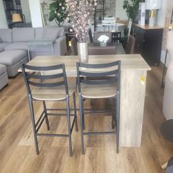 High Top 3 Piece Drop Leaf Counter Table Dining Set with Storage, Grey Wash(New  In A Box)