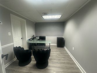 Glass L-shaped office table and chair