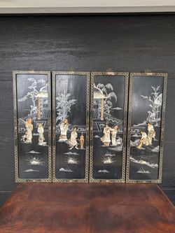 Vintage Chinese Black Lacquer Mother of Pearl Wall Panels - Set of 4