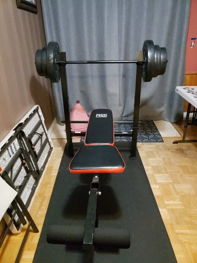 Marcy Pro Weight Bench, Weights & Bar