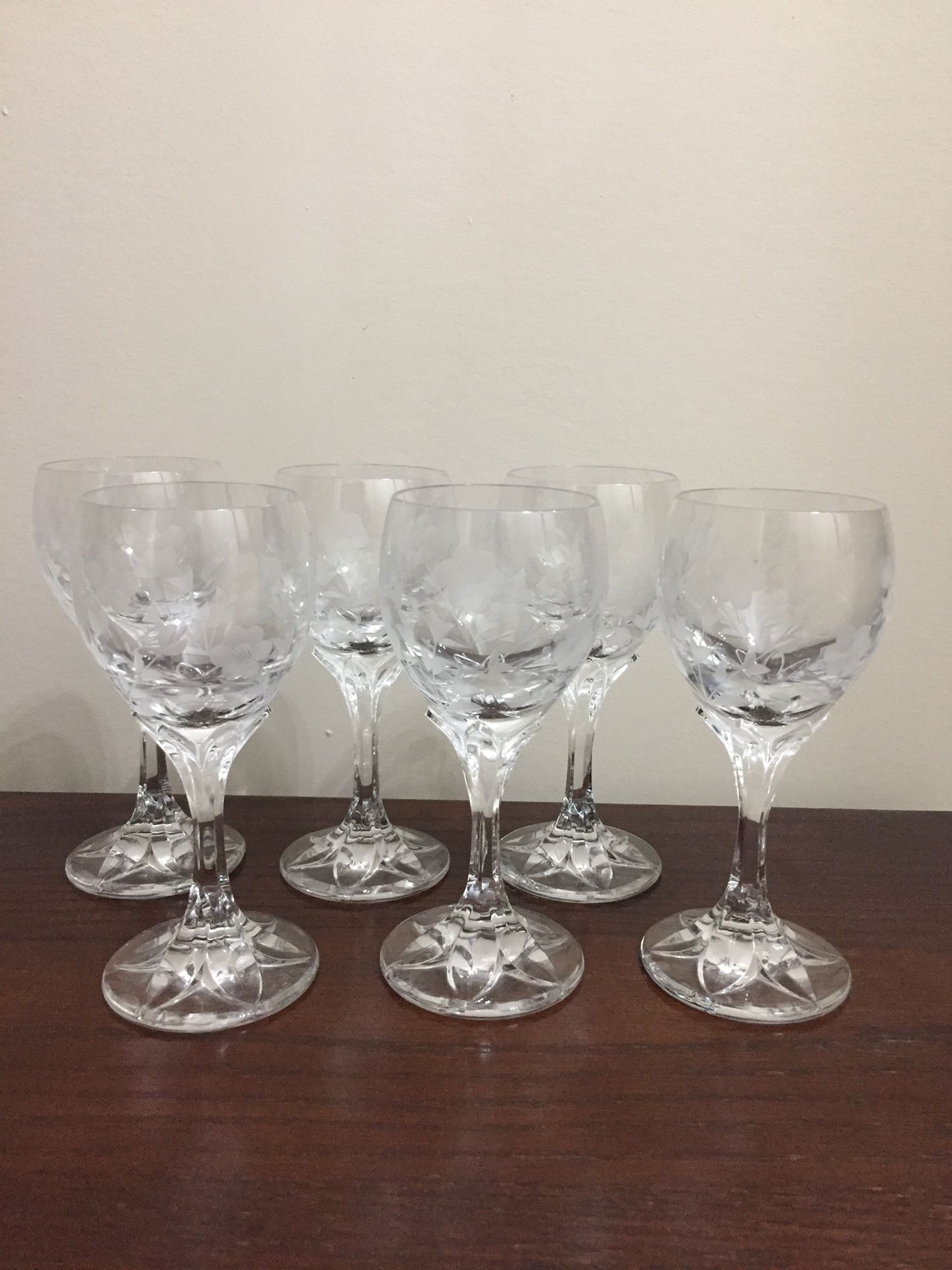 6 Lead Crystal Wine Glasses with etched Flowers. From West German (before the Iron Curtain came down. 6” tall. New.