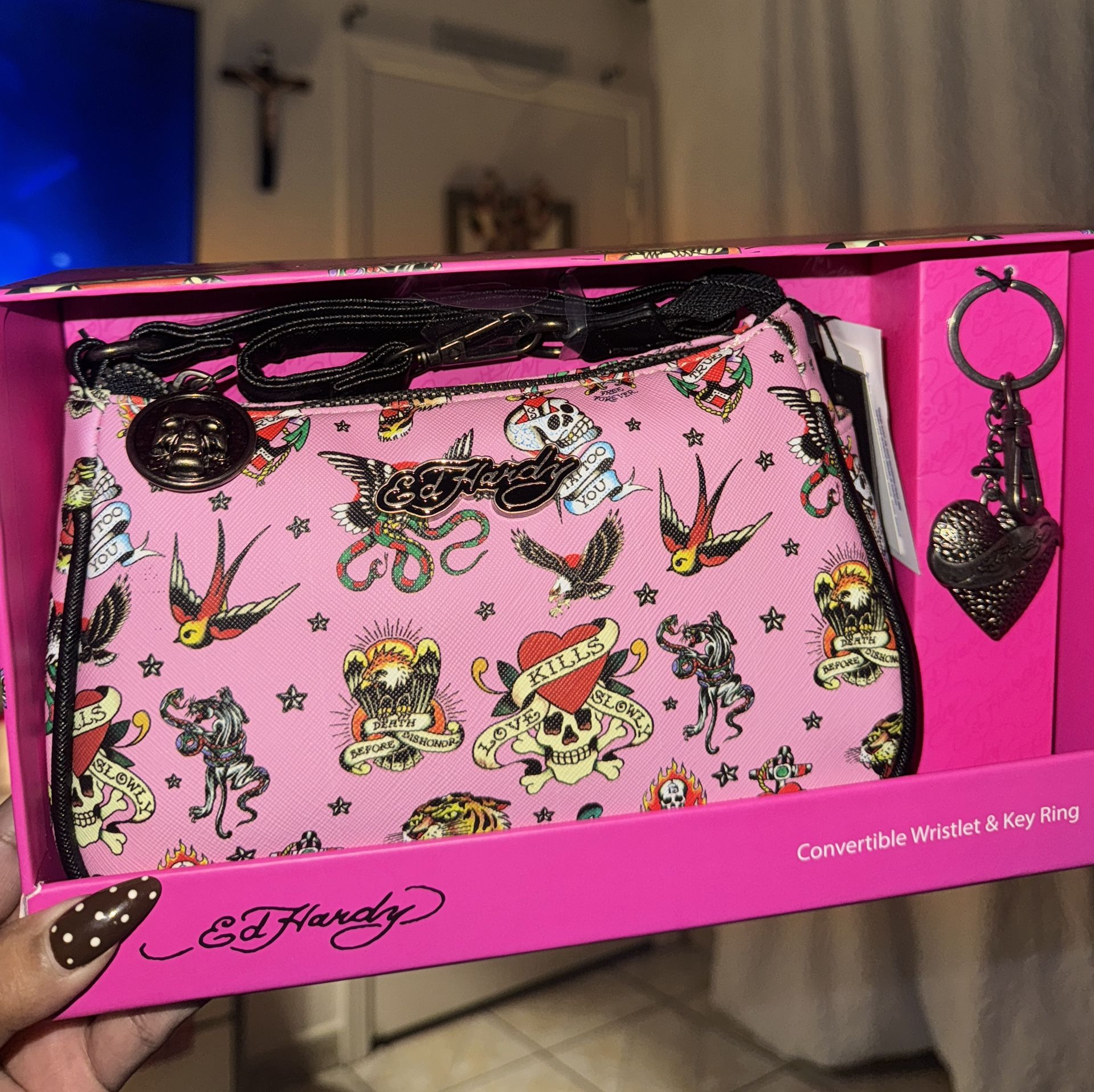 Pink Ed Hardy Convertible Wristlet & Keychain Set