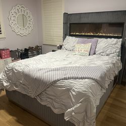 Queen Size Gray Velour Bed With Multi Colored Fire Headboard