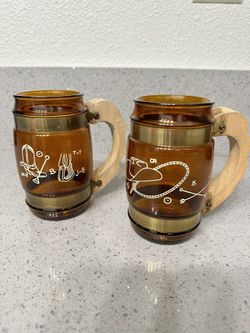Vtg Siesta Ware Western Cowboy Mugs, Barrel Shaped Amber Glass Mugs with Wood Handles