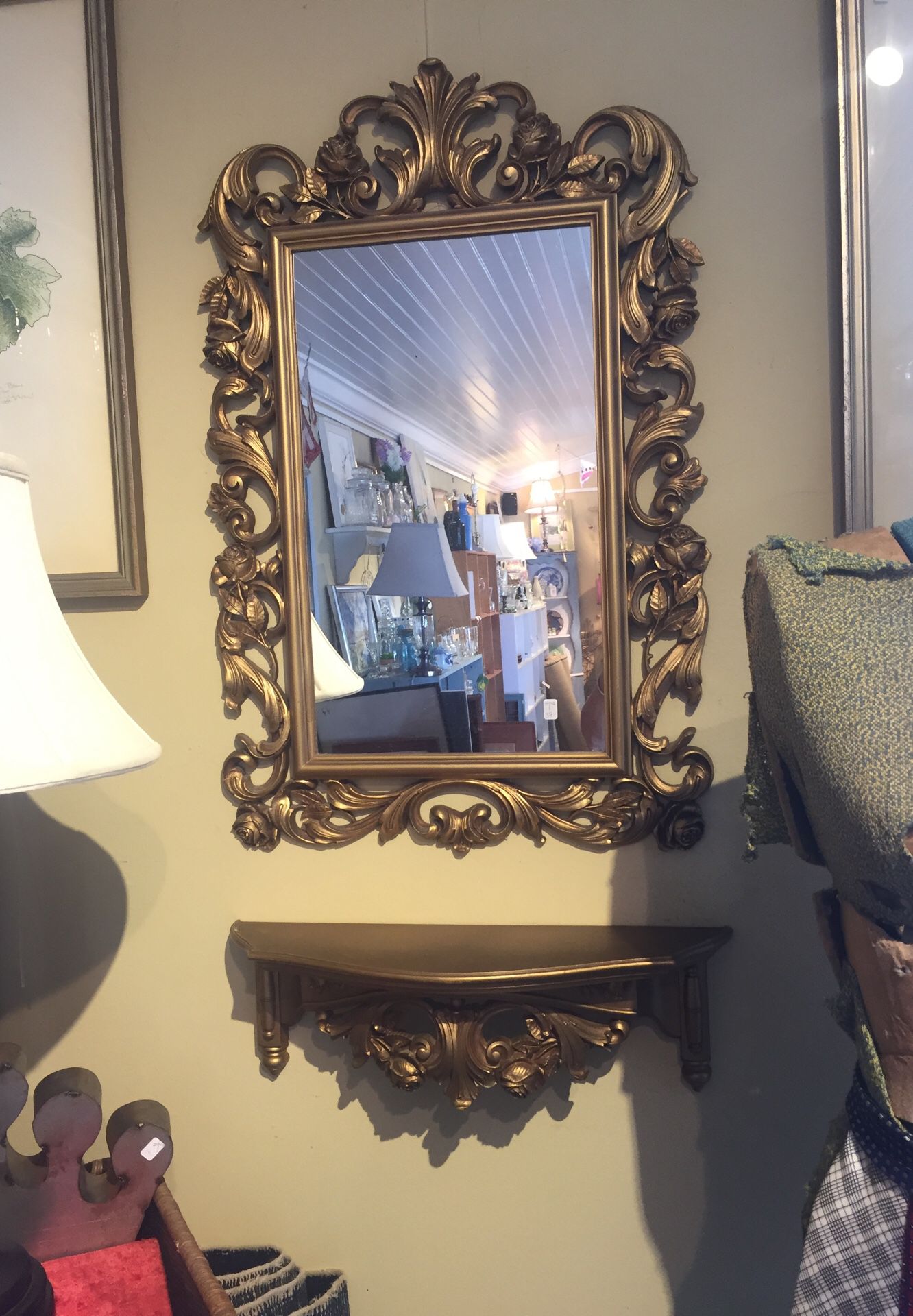 Plastic mirror and small shelf matching set, Vintage from the court, ornate gold, mirror bathroom vanity. Syroco American company New York 1969