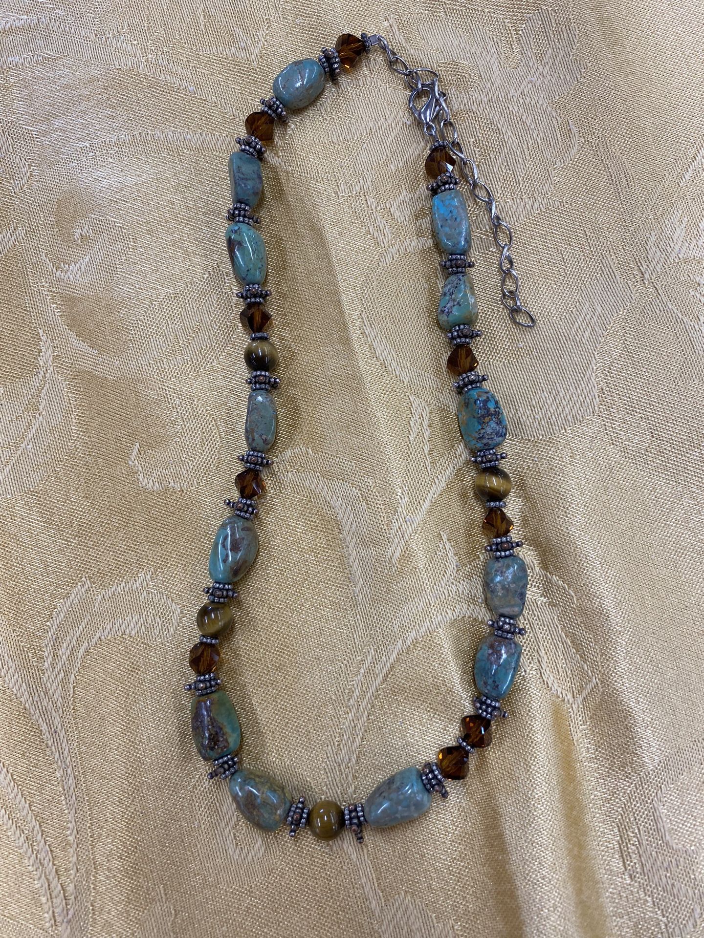 Necklace 100% Polished Green Blue Turquoise and Tiger Eye Round Gemstone