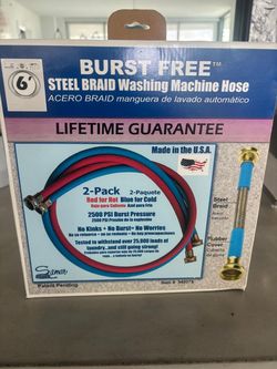 In box a 6-foot Burst Free Steel Braid Washing Machine Hose 2-pack by Samar,