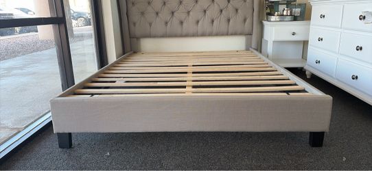 Upholstered Bed Frame with Tufted Wingback Headboard