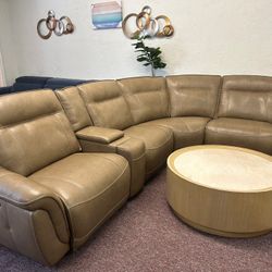 Furniture- 5 Pc Semi Aniline 100% Real Leather Sectional With 3 Power Recliners- Lenardo