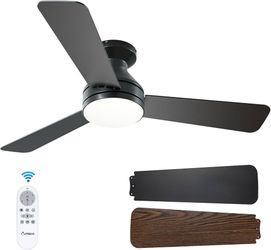 Ceiling Fans with Lights, 42 inch Low Profile Ceiling Fan with Light and Remote Control, Flush Mount, Reversible, 3CCT, Dimmable, Noiseless, Black Cei