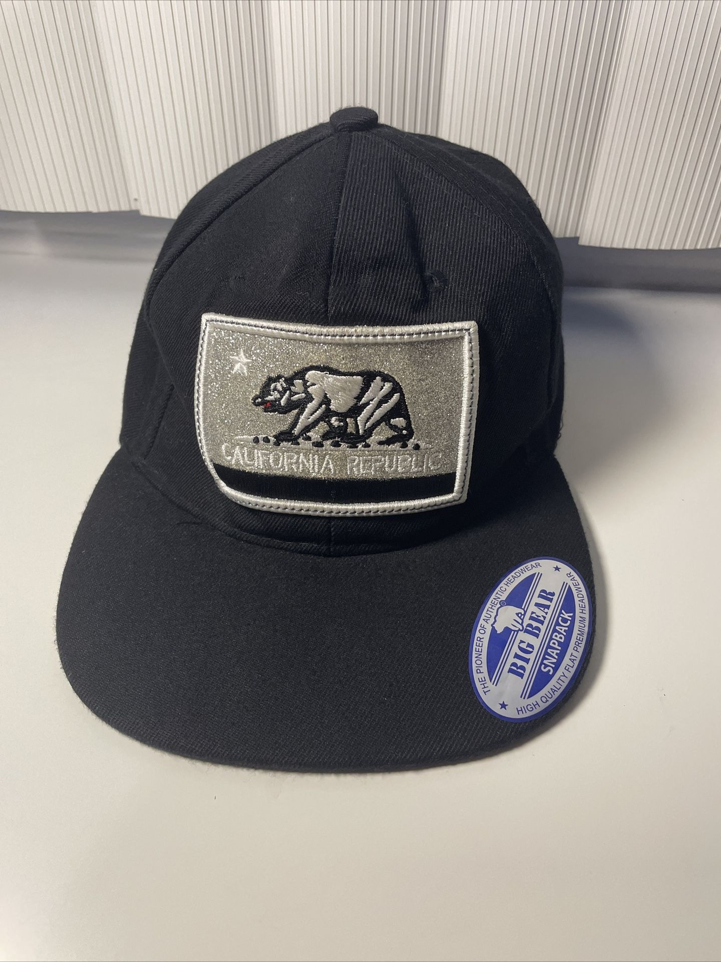 Big Bear California Republic Snapback Flat Bill Hat Black With White Embroidery
