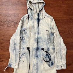 Smoke Rise Denim Parka Jacket Distressed Bleach Dye Acid Wash Size Small