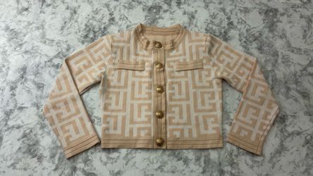 Balmain Maxi Monogram Knit Crop Cardigan Natural Beige Size 1
