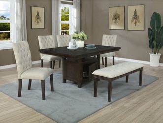 🔥🔥🔥 6-Pc Dining Set - Table, 4 Chairs & Bench - 60” * 42” * 30”H