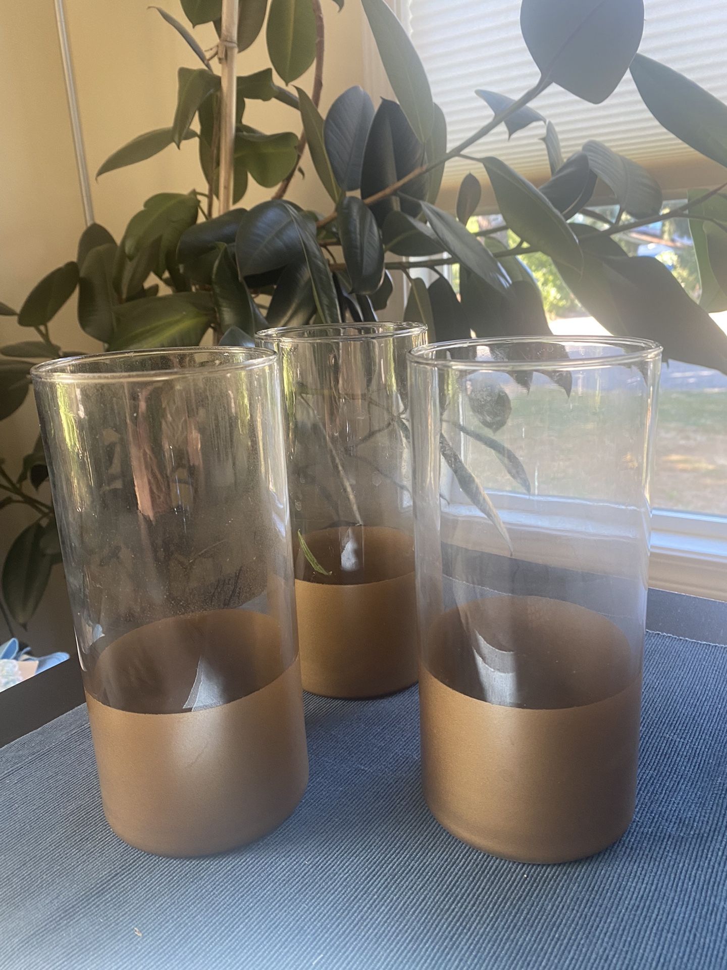 7 Round Clear Glass Bases With Gold Bases 7”H