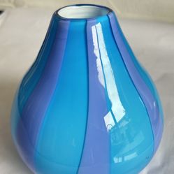 Vintage Midcentury Blue And Purple Circus Tent White Cased Glass Vase 