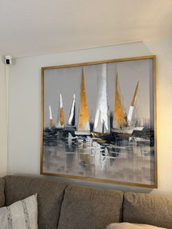 Oversized 51.5” Abstract Sailboat Painting – Gold/Gray – Modern Wall Art