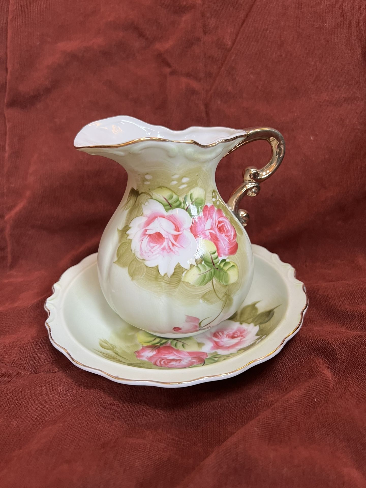 Lefton china green heritage rose hand painted pitcher and bowl # 4578