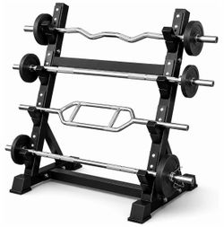 Barbell Storage Rack, 4-Tier Steel Stand for EZ Curl and Straight Bars