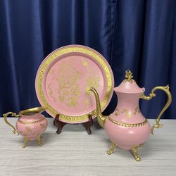 3pc Custom Painted Tea Set In PINK & GOLD 