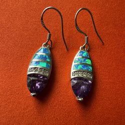 Beautiful 925 Silver Earrings With Opal Amethyst And Diamonds 