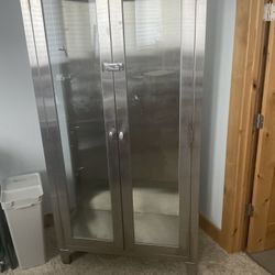 Stainless Steel With Glass Shelves Old Medicine Cabinet Or Book Shelf That Locks & Has a Key